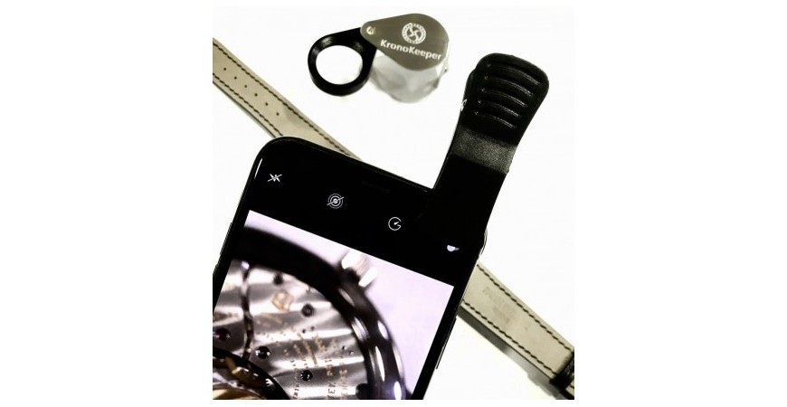 The KronoKeeper Smart Loupe with phone clip