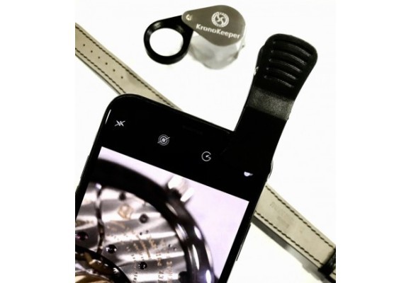 The KronoKeeper Smart Loupe with phone clip